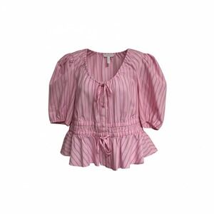 Joie Peplum Top Womens Large Pink Striped Puff Sleeve Tie Neck Smocked Waist